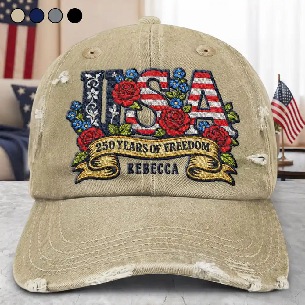 Floral USA 250th Anniversary - Personalized Embroidered Distressed Cap