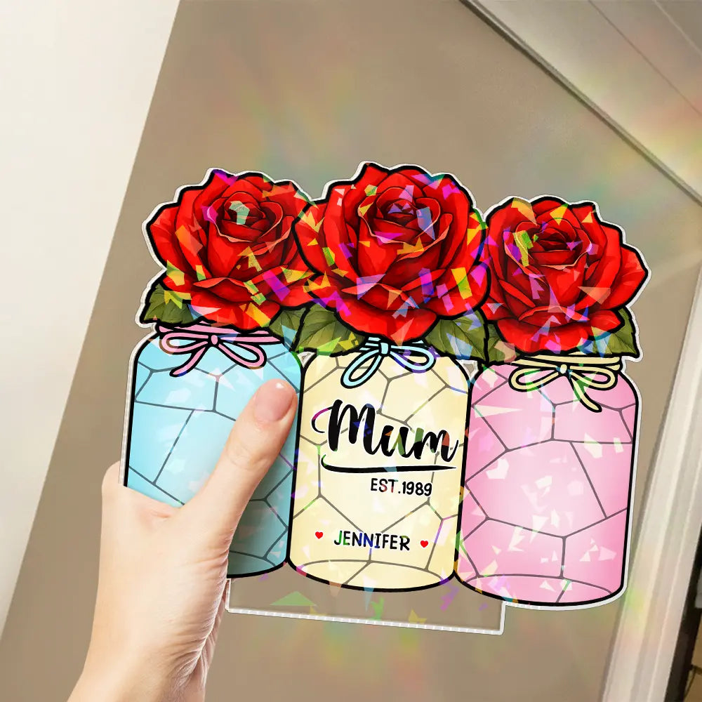 Gift For Yourself, Gift For Women, Gift For Mother, Gift For Grandma, Love - Flower Mason Jar Mom Grandma Great Grandma - Personalized Holographic Acrylic Plaque