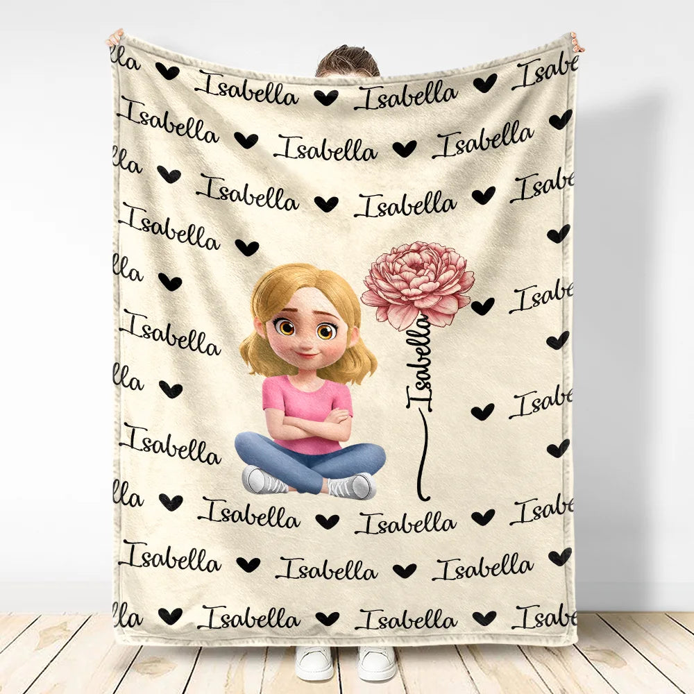 Gift For Kids,Gift For Grandkids,Happy - Flower Birth Month & Name Cute 3D Version - Personalized Fleece Blanket, Sherpa Blanket