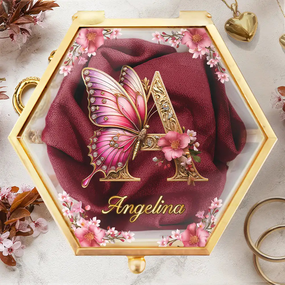 Flower Butterfly Monogram - Personalized Glass Jewelry Box