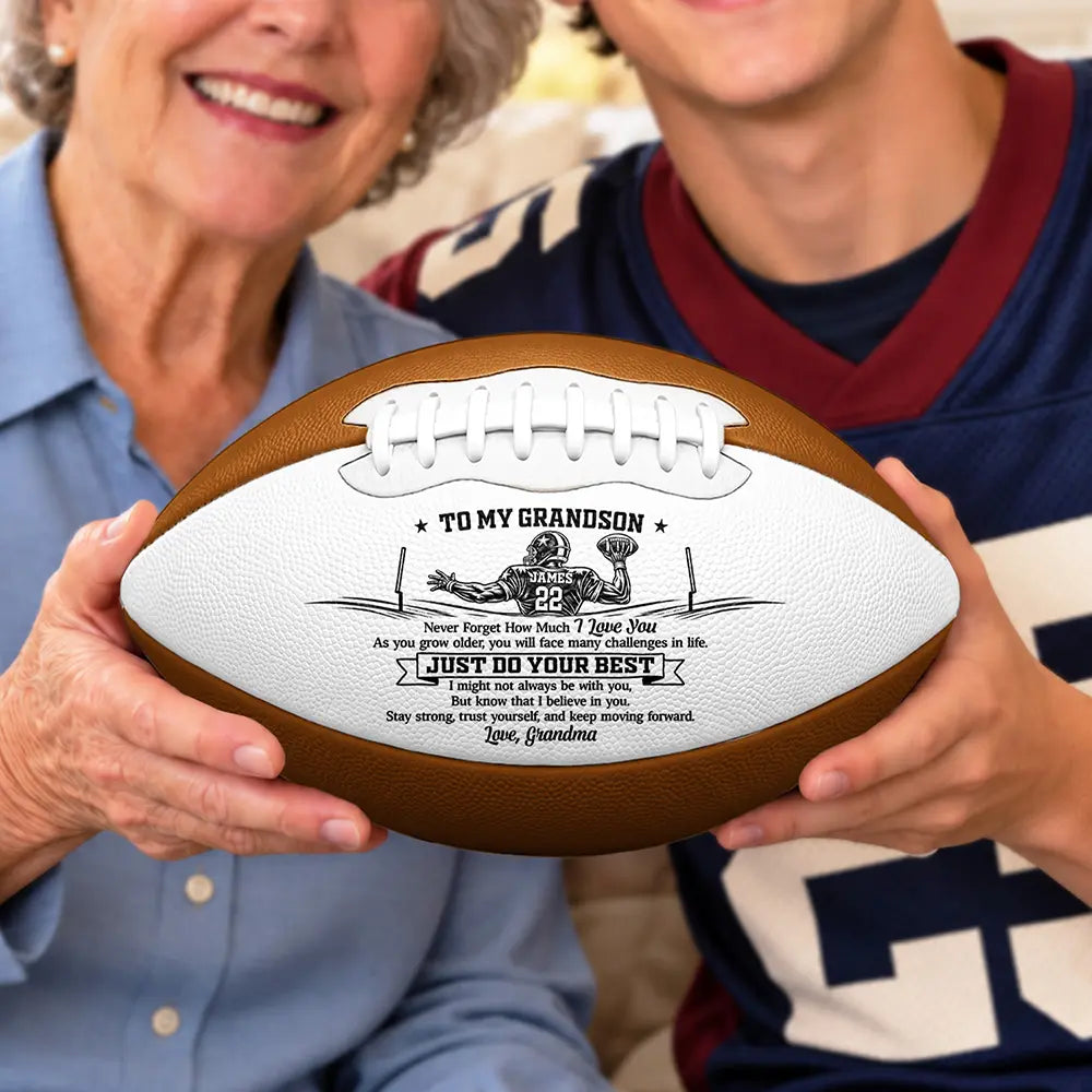 Football Birthday Gift For Grandson - Personalized Name Number All Heart On Game Day Leather Football