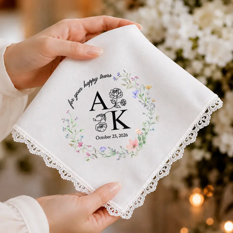 Sentimental,Gift For Yourself,Gift For Women,Wedding,Icon - For Your Happy Tears Couple Initials & Birth Flowers - Personalized Handkerchief