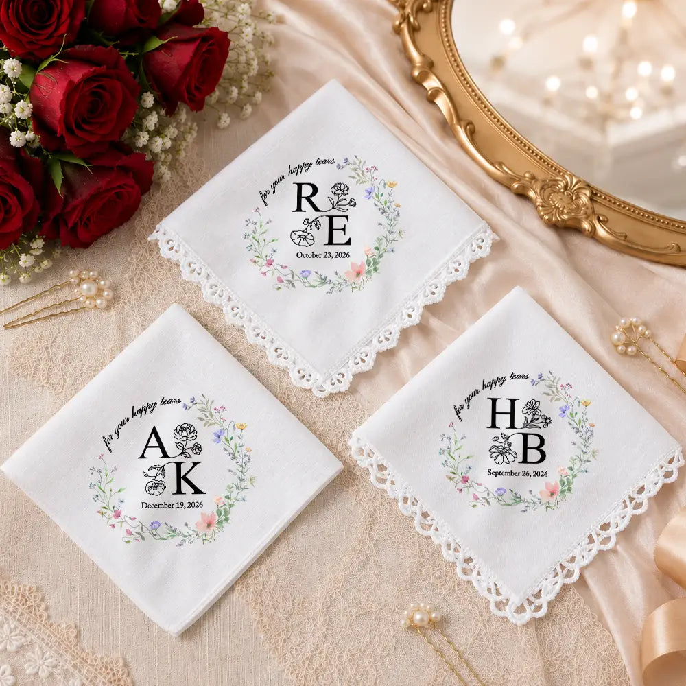Sentimental,Gift For Yourself,Gift For Women,Wedding,Icon - For Your Happy Tears Couple Initials & Birth Flowers - Personalized Handkerchief