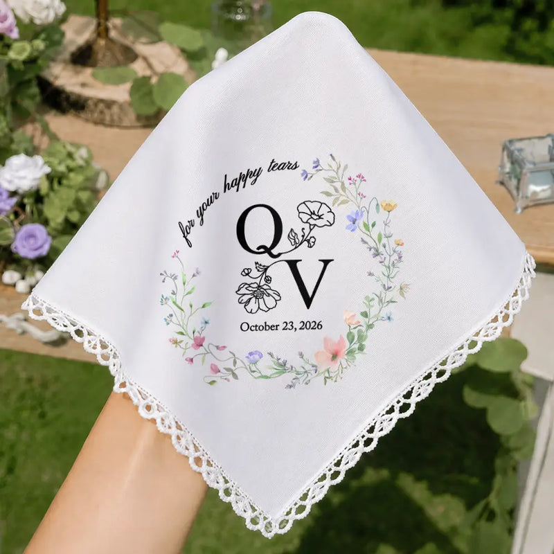 Sentimental,Gift For Yourself,Gift For Women,Wedding,Icon - For Your Happy Tears Couple Initials & Birth Flowers - Personalized Handkerchief