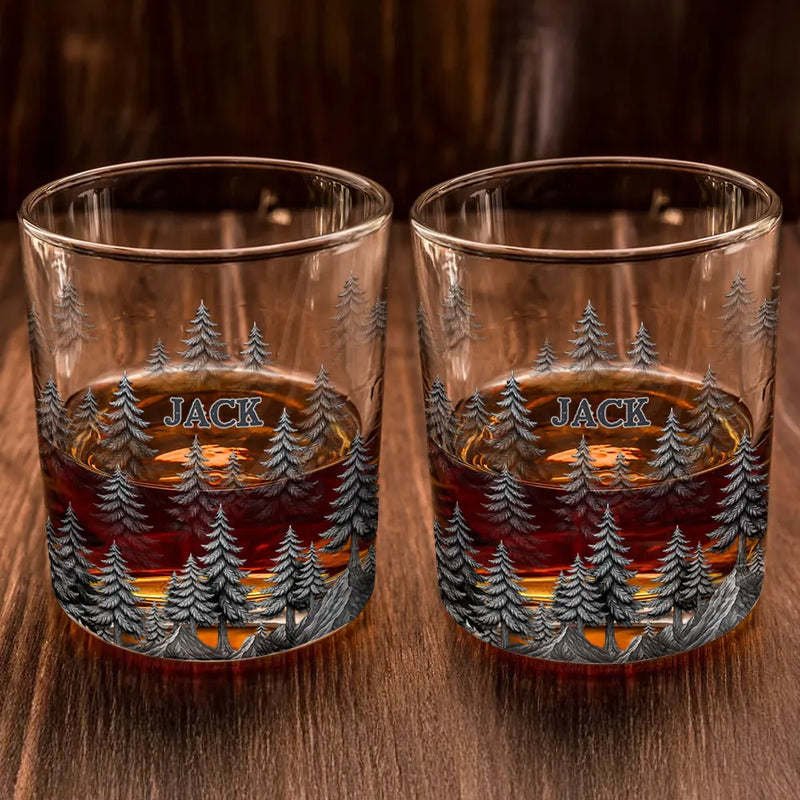 Gift For Men,Gift For Yourself,Dad's Hobby,Gift For Father,Happy - Forest & Clouds Camping Vibe Nature Inspired - Personalized Whiskey Glass