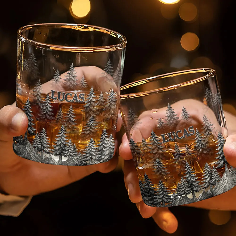 Gift For Men,Gift For Yourself,Dad's Hobby,Gift For Father,Happy - Forest & Clouds Camping Vibe Nature Inspired - Personalized Whiskey Glass