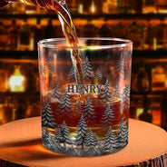 Gift For Men,Gift For Yourself,Dad's Hobby,Gift For Father,Happy - Forest & Clouds Camping Vibe Nature Inspired - Personalized Whiskey Glass
