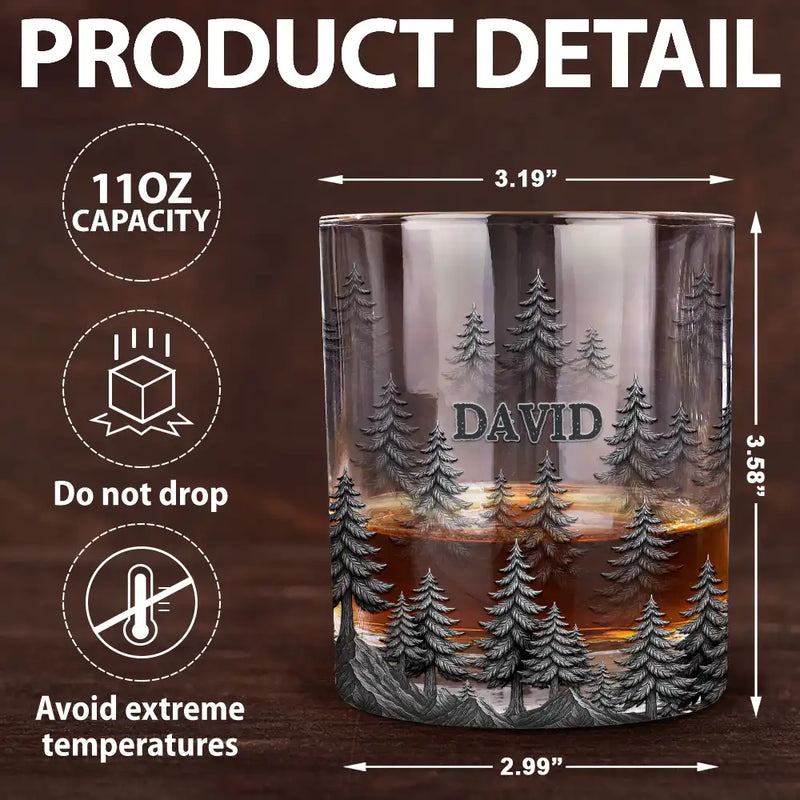 Gift For Men,Gift For Yourself,Dad's Hobby,Gift For Father,Happy - Forest & Clouds Camping Vibe Nature Inspired - Personalized Whiskey Glass