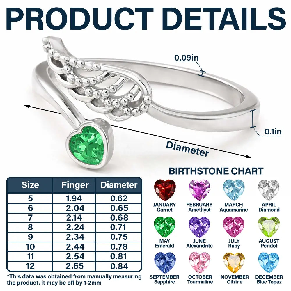 Memorial,Gift For Yourself,Gift For Women,Sad - Forever In My Heart Memorial - Personalized Wing And Heart Birthstone Ring