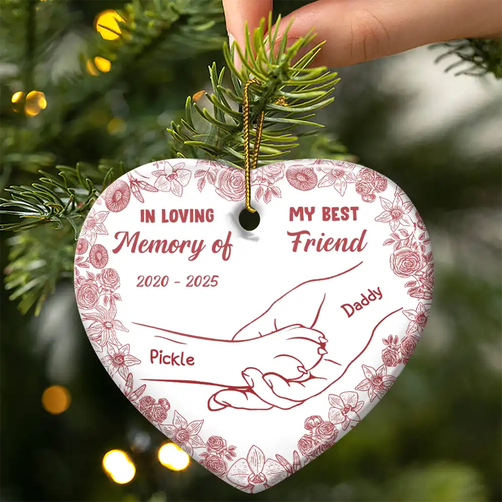 Sad,Christmas,Pet Lovers,Memorial - Forever Loved Hand In Paw Toile Style - Personalized Heart Ceramic Ornament