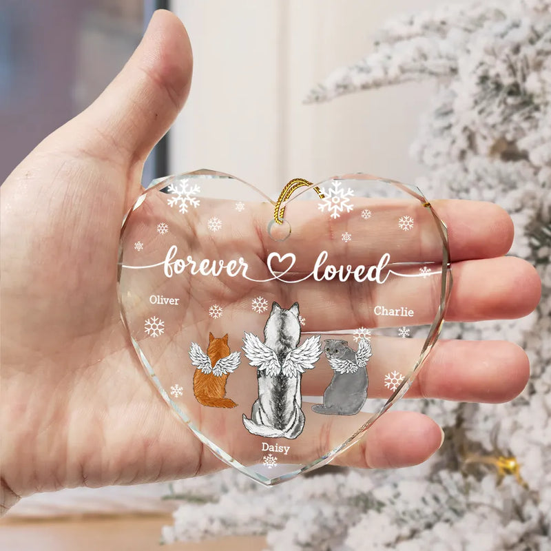 Pet Lovers,Cat Lovers,Dog Lovers,Sad,Memorial - Forever Loved Memorial Dog Cat - Personalized Heart Shaped Glass Ornament