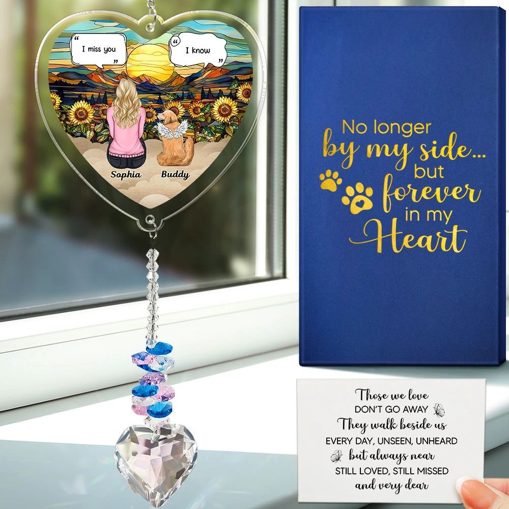 Forever In My Heart I Miss You Memorial Dog Cat - Personalized Heart Crystal Suncatcher