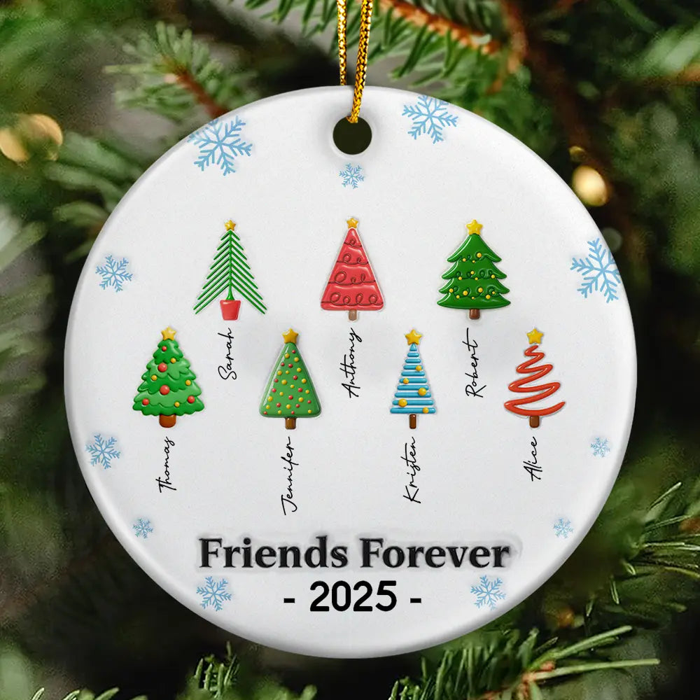 Friends Forever Christmas Tree 3D Inflated - Personalized Circle Ceramic Ornament
