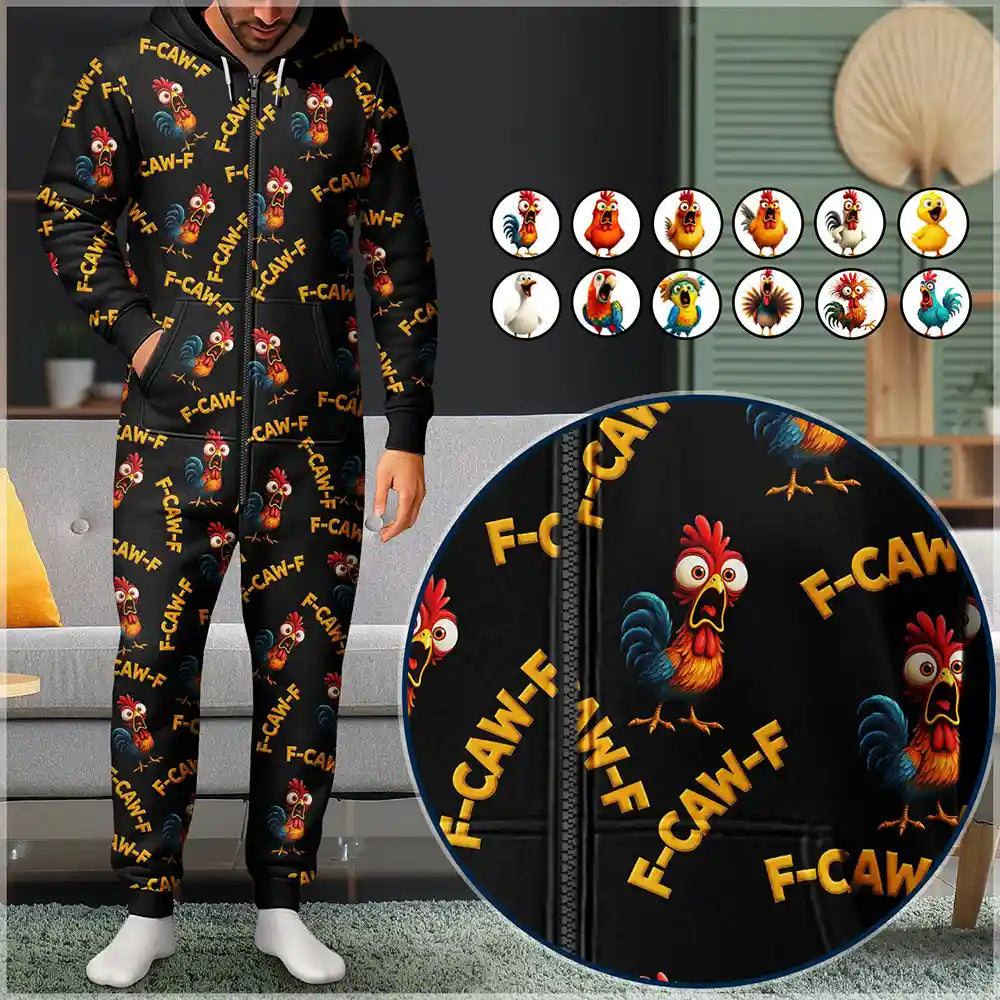 Gift For Yourself, Gift For Bestie, Gifts For Colleagues, Funny - Funny Chicken Bird F Caw F - Personalized Overall Onesie Hooded Jumpsuit