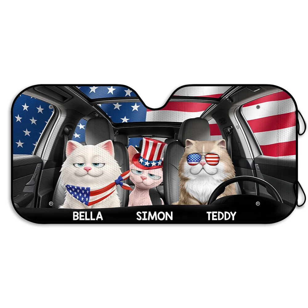 Dog Lovers,Pet Lovers,Cat Lovers,Happy,Independence Day - Funny Dog Cat US Flag - Personalized Auto Sunshade