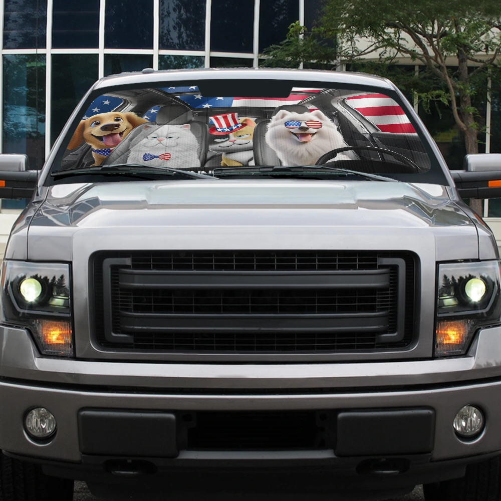 Dog Lovers,Pet Lovers,Cat Lovers,Happy,Independence Day - Funny Dog Cat US Flag - Personalized Auto Sunshade