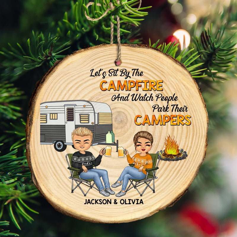 Christmas Camping Couple Sit By The Campfire - Gift For Couples - Personalized Wood Slice Ornament