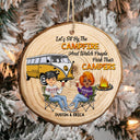 Christmas Camping Couple Sit By The Campfire - Gift For Couples - Personalized Wood Slice Ornament