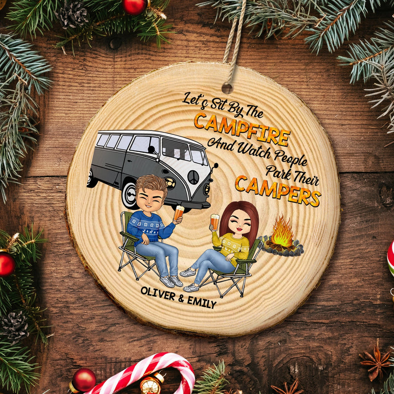 Christmas Camping Couple Sit By The Campfire - Gift For Couples - Personalized Wood Slice Ornament