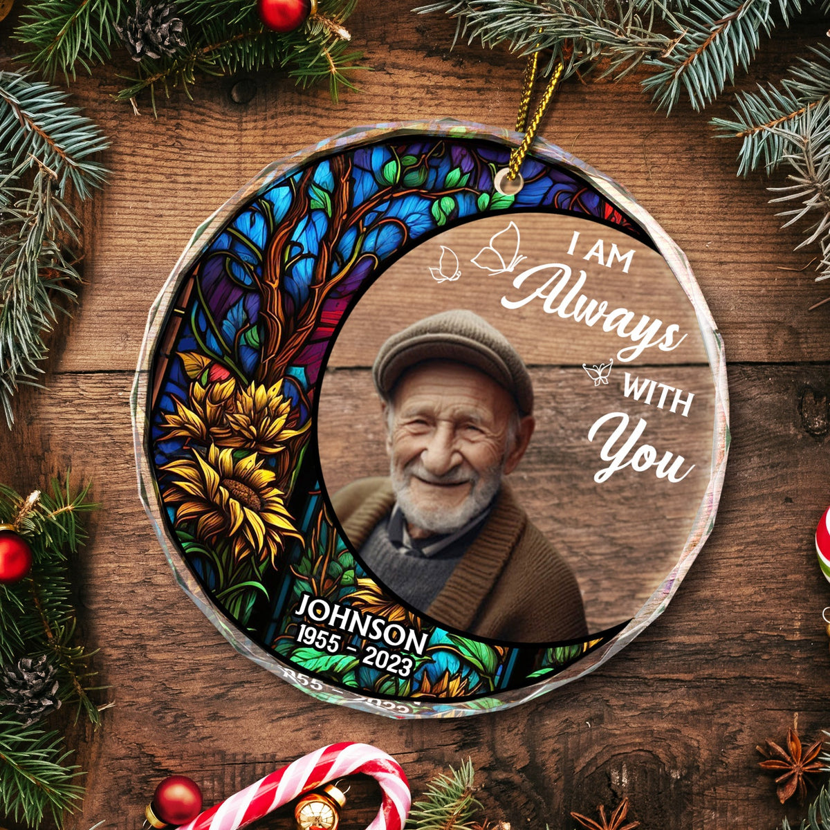 Custom Photo Always With You - Christmas Memorial Gift - Personalized Circle Glass Ornament