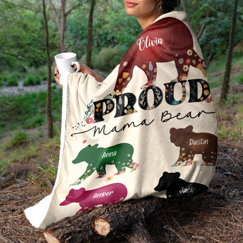 Proud Mama Bear - Gift For Mother - Personalized Fleece Blanket, Sherpa Blanket