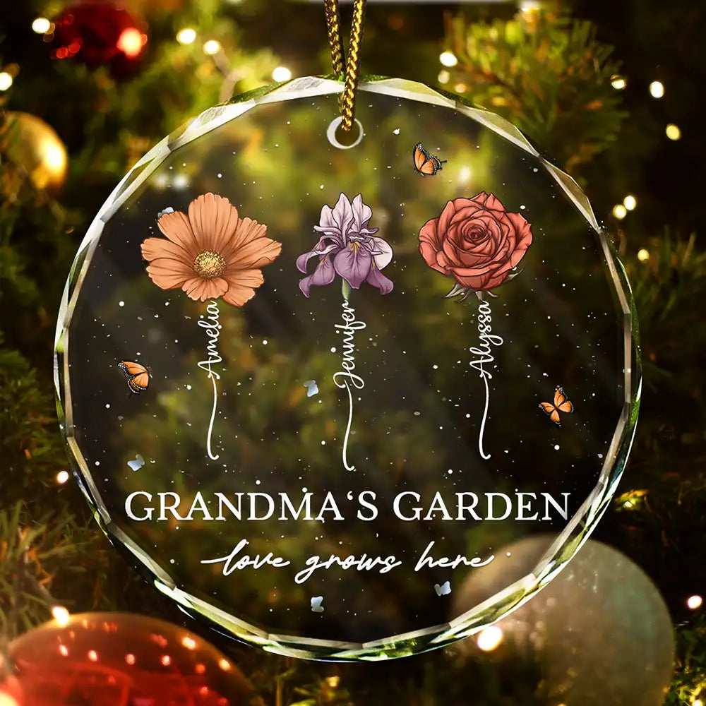 Grandma's Garden Love Grows Here - Personalized Circle Glass Ornament