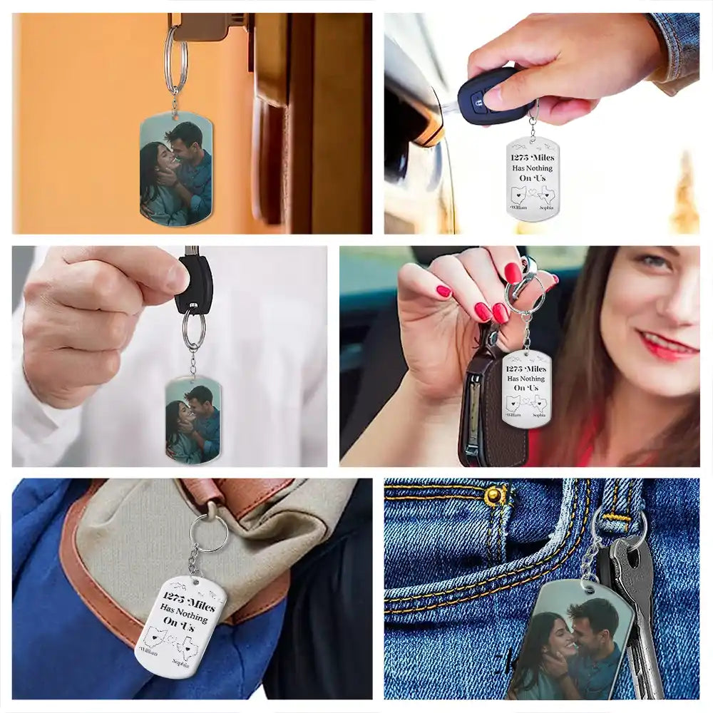 Gift For Couples, Long Distance, Gift For Boyfriend, Gift For Girlfriend - Custom Photo Miles Has Nothing On Us - Personalized Aluminum Keychain