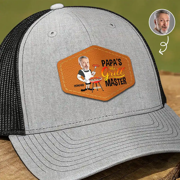 Gift For Father,Gift For Grandpa,Grilling - Custom Photo Papa The Grill Master BBQ Dad Grandpa - Personalized Leather Patch Hat