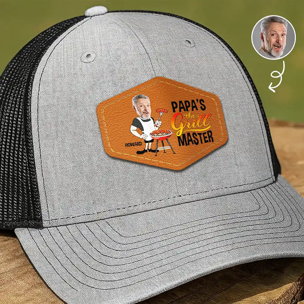 Gift For Father,Gift For Grandpa,Grilling - Custom Photo Papa The Grill Master BBQ Dad Grandpa - Personalized Leather Patch Hat