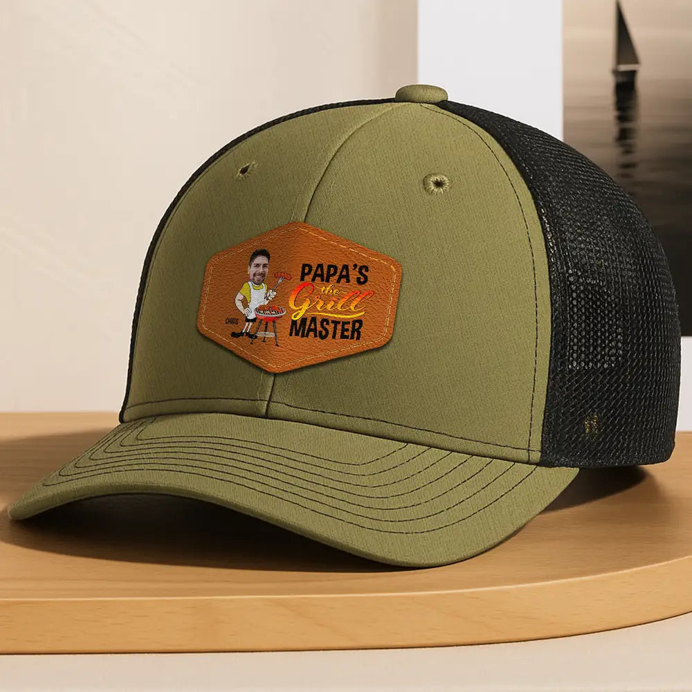 Gift For Father,Gift For Grandpa,Grilling - Custom Photo Papa The Grill Master BBQ Dad Grandpa - Personalized Leather Patch Hat