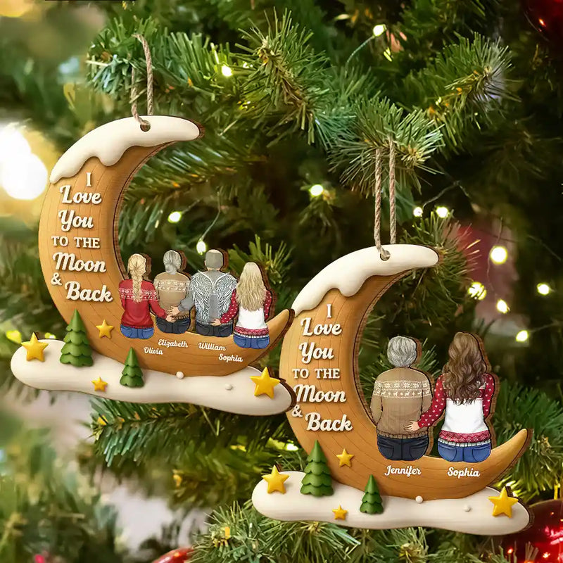 Christmas,Family,Love - I Love You To The Moon And Back Family - Personalized Custom Shaped Wooden Ornament