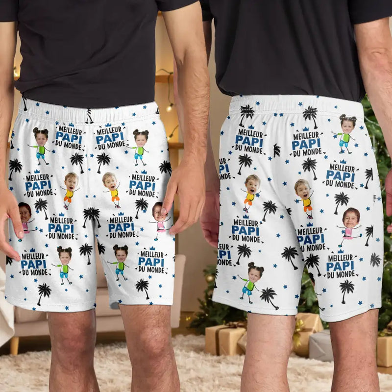 Gift For Husband,Parents,Gift For Yourself,Gift For Men,Gift For Grandpa,Gift For Father,French,Custom Photo,Happy,Gift For Grandparents,Non-Eng,Photo,Icon,Playful - Photo Personnalisable Meilleur Papa Du Monde - Short De Pyjama Personnalisé