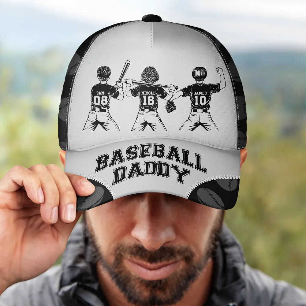 Gift For Father,Gift For Grandpa,Baseball,Softball,Non-Eng,Icon,Confident - Baseball Softball Dad Papa Kids Backside Line Art - Personalized Classic Cap