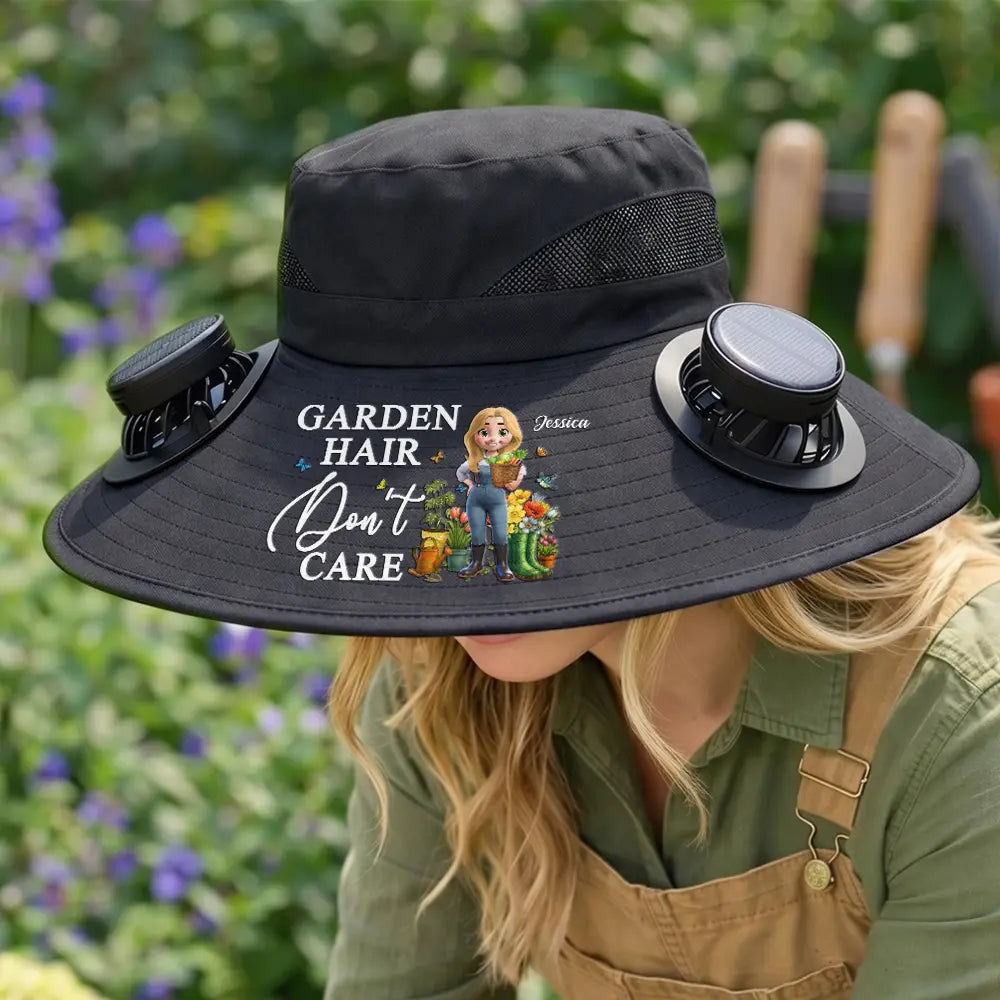 Gift For Yourself,Gift For Women,Gift For Men,Gift For Mother,Gift For Father,Gardening,Happy - Garden Hair Don't Care - Personalized Solar Fan Hat