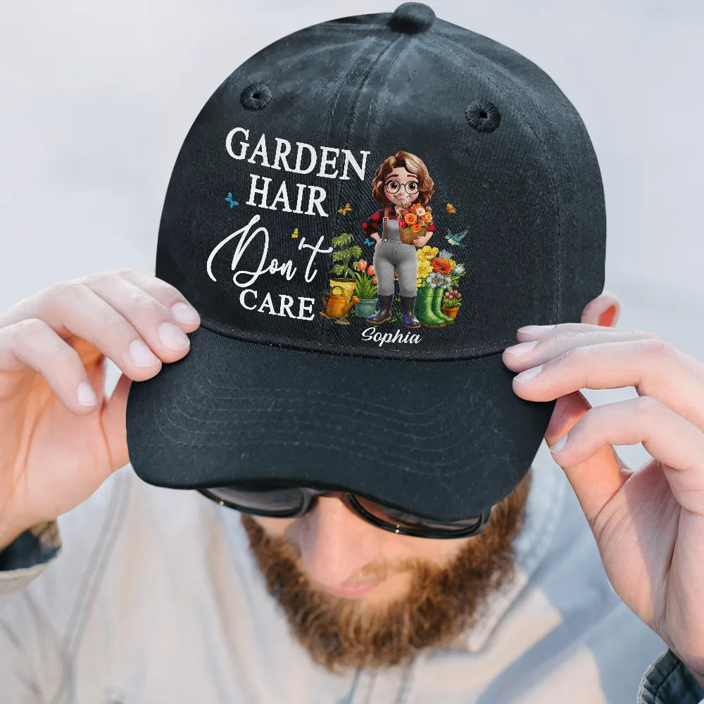 Gardening, Gift For Women, Happy, Gift For Yourself - Garden Hair Don't Care - Personalized Vintage Washed Denim Cap