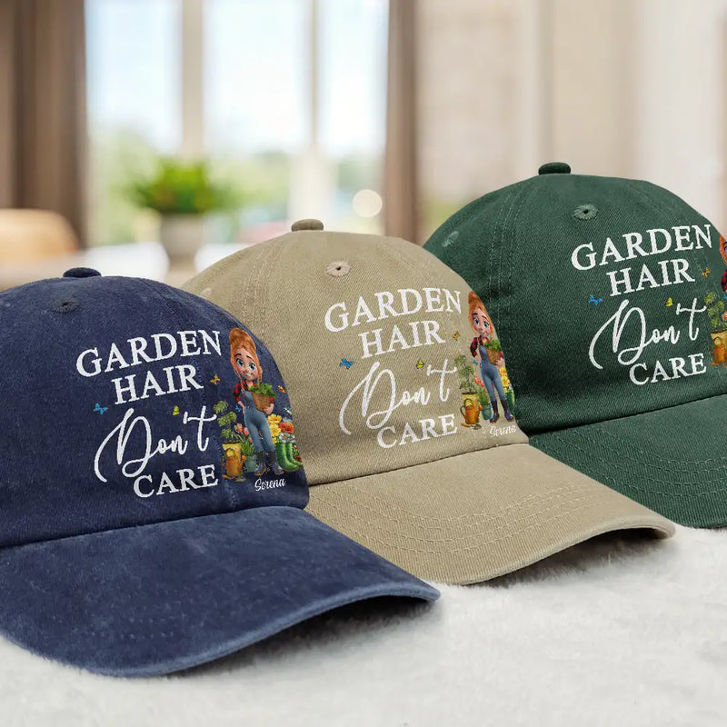 Gardening, Gift For Women, Happy, Gift For Yourself - Garden Hair Don't Care - Personalized Vintage Washed Denim Cap