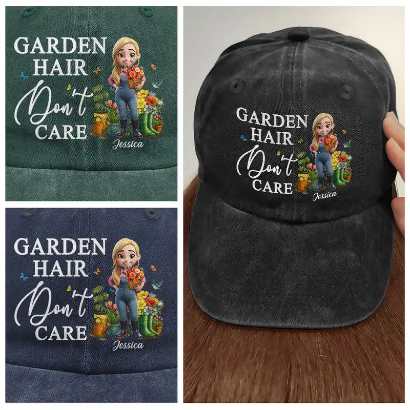 Gardening, Gift For Women, Happy, Gift For Yourself - Garden Hair Don't Care - Personalized Vintage Washed Denim Cap