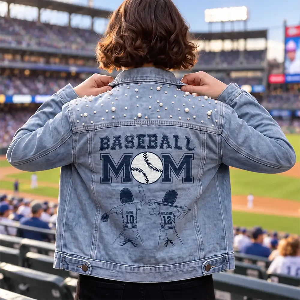 Gift For Baseball Mom - Personalized Baseball Mom With Kid Name And Number Denim Jacket