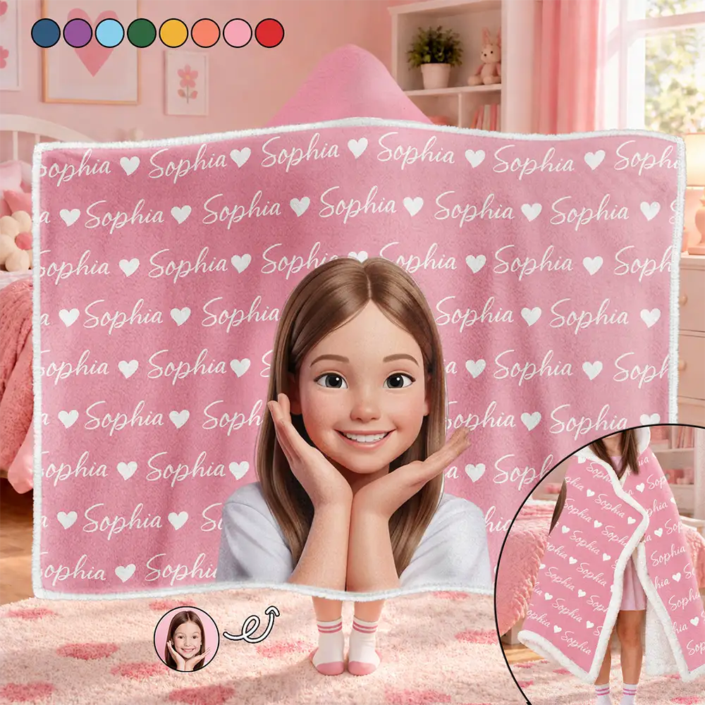 Gift For Kids - Personalized Custom Photo Adorable Kid With Name Heart Pattern Wearable Hooded Blanket