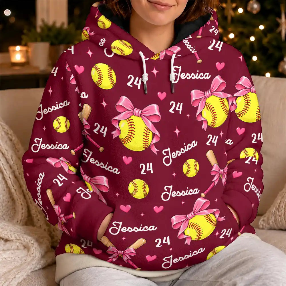 Christmas,Gift For Women,Gift For Yourself,Gifts For Her,Happy,Icon,Softball - Gift For Softball Player - Personalized Name Number Coquette Bow Fleece Hoodie