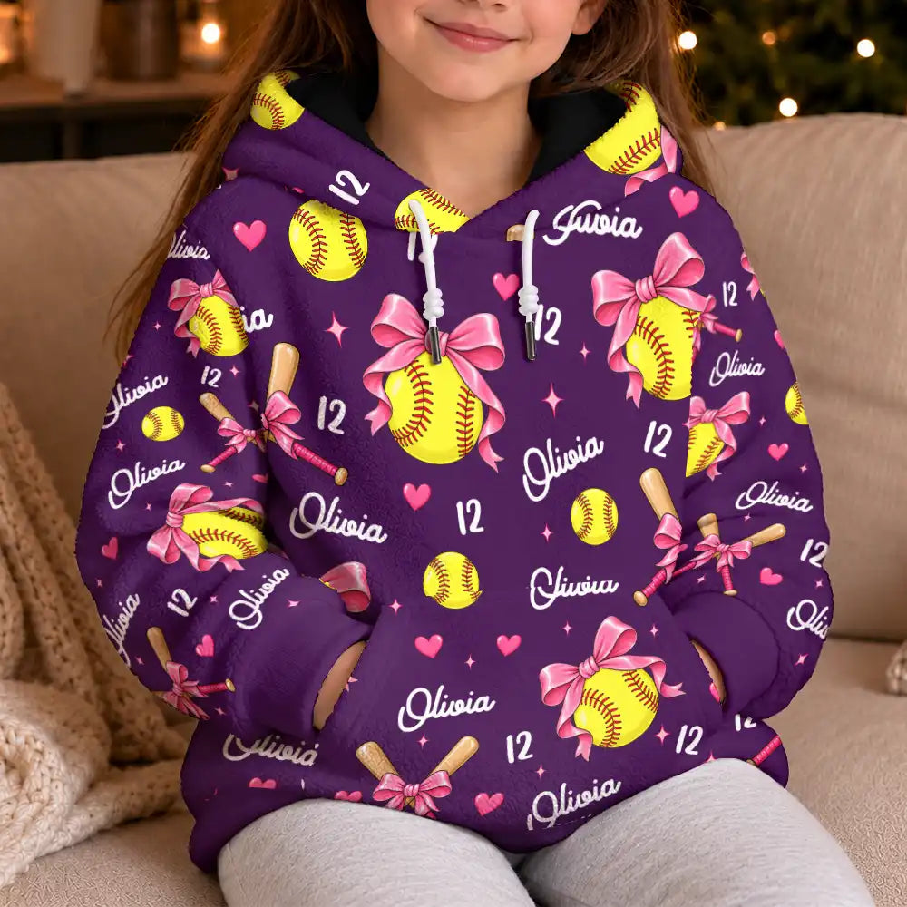 Christmas,Gift For Women,Gift For Yourself,Gifts For Her,Happy,Icon,Softball - Gift For Softball Player - Personalized Name Number Coquette Bow Fleece Hoodie