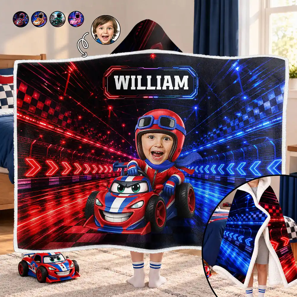Gift For Kids Boys - Personalized Custom Photo Photo & Name Race Car Driver With Lightning Wearable Hooded Blanket