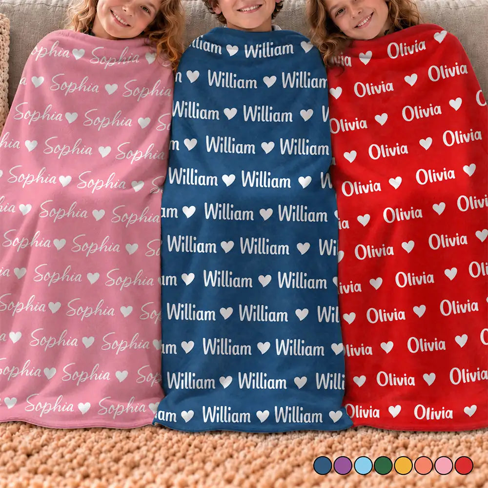 Gift For Kids - Personalized Name Heart Pattern Fleece Blanket, Sherpa Blanket