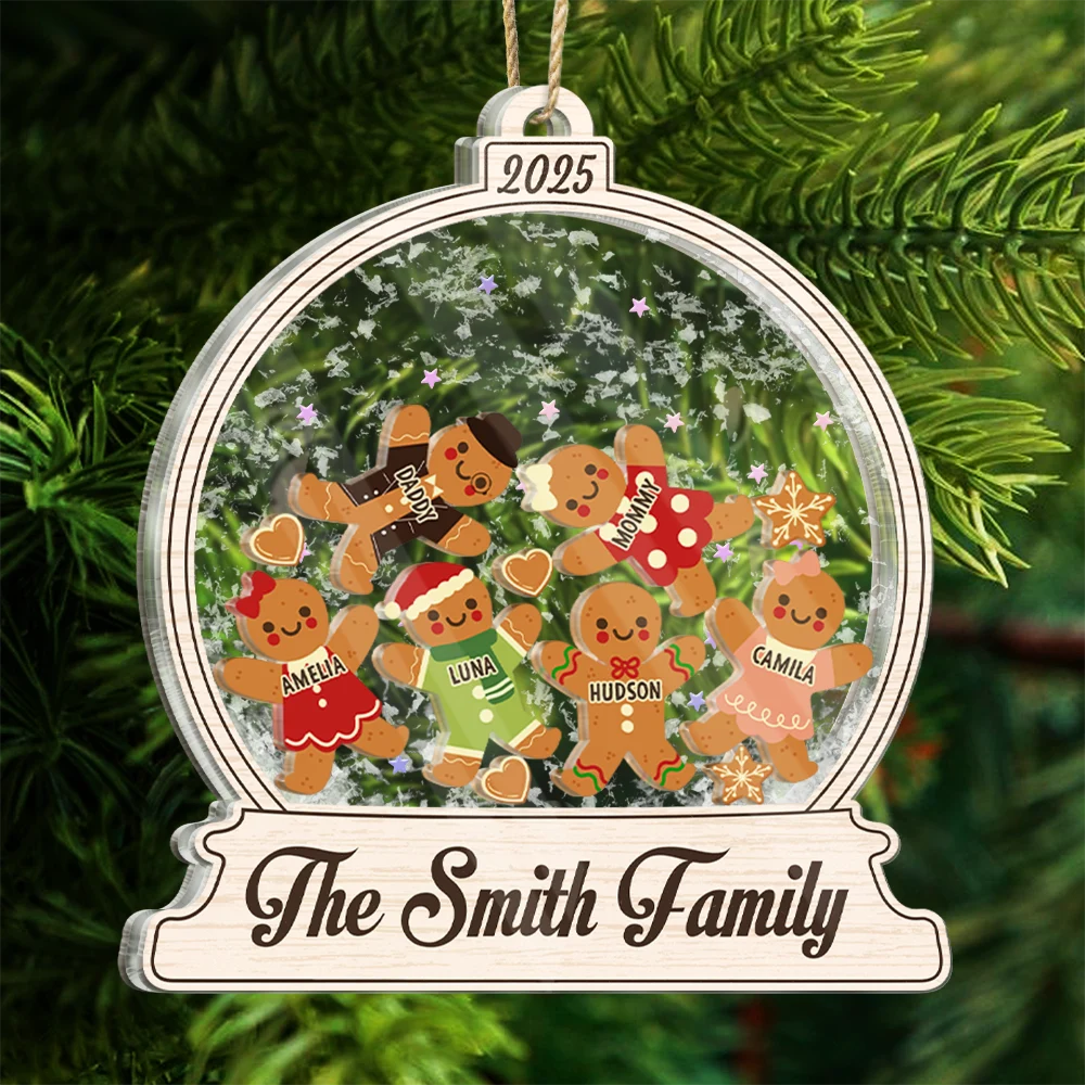 Christmas,Family,Happy - Gingerbread Family Shaker - Personalized 3-Layered Acrylic Shaker Ornament