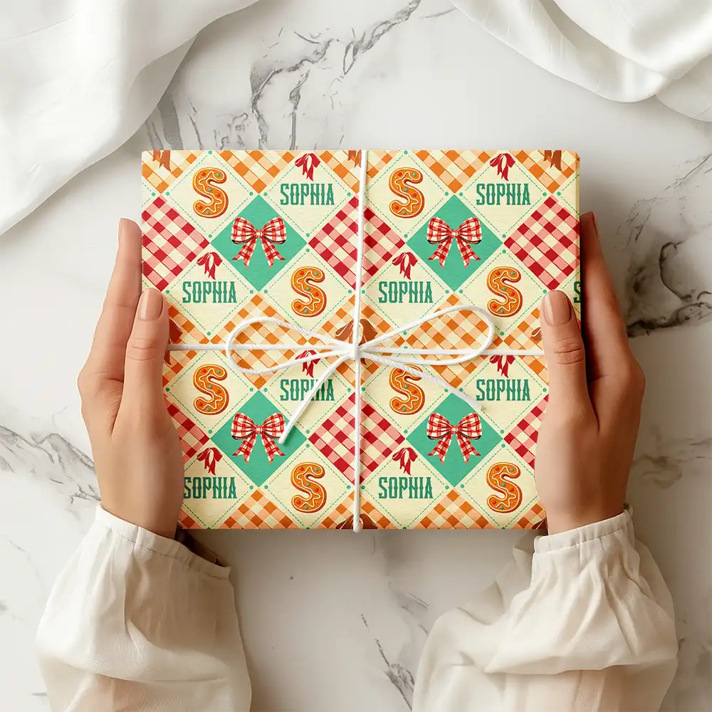 Family,Gift For Bestie,Happy - Gingerbread Initial Custom Name With Bow And Plaid - Personalized Wrapping Paper