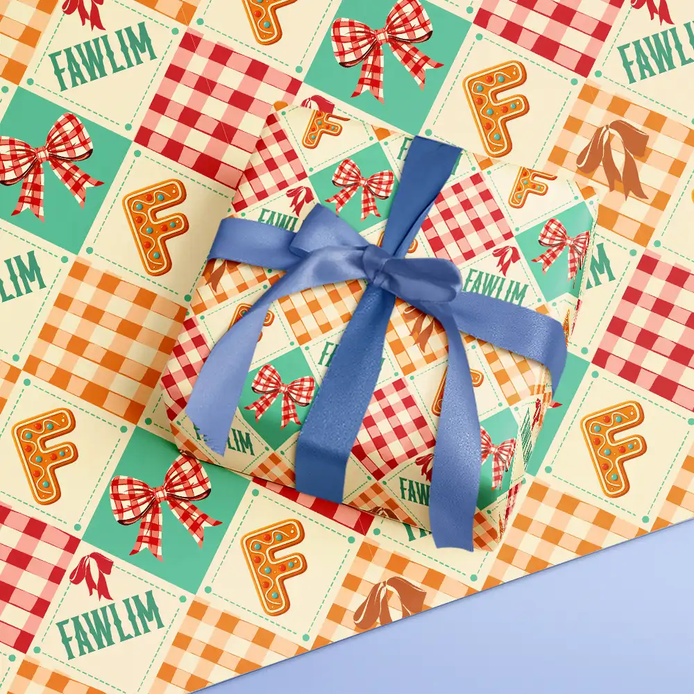 Family,Gift For Bestie,Happy - Gingerbread Initial Custom Name With Bow And Plaid - Personalized Wrapping Paper