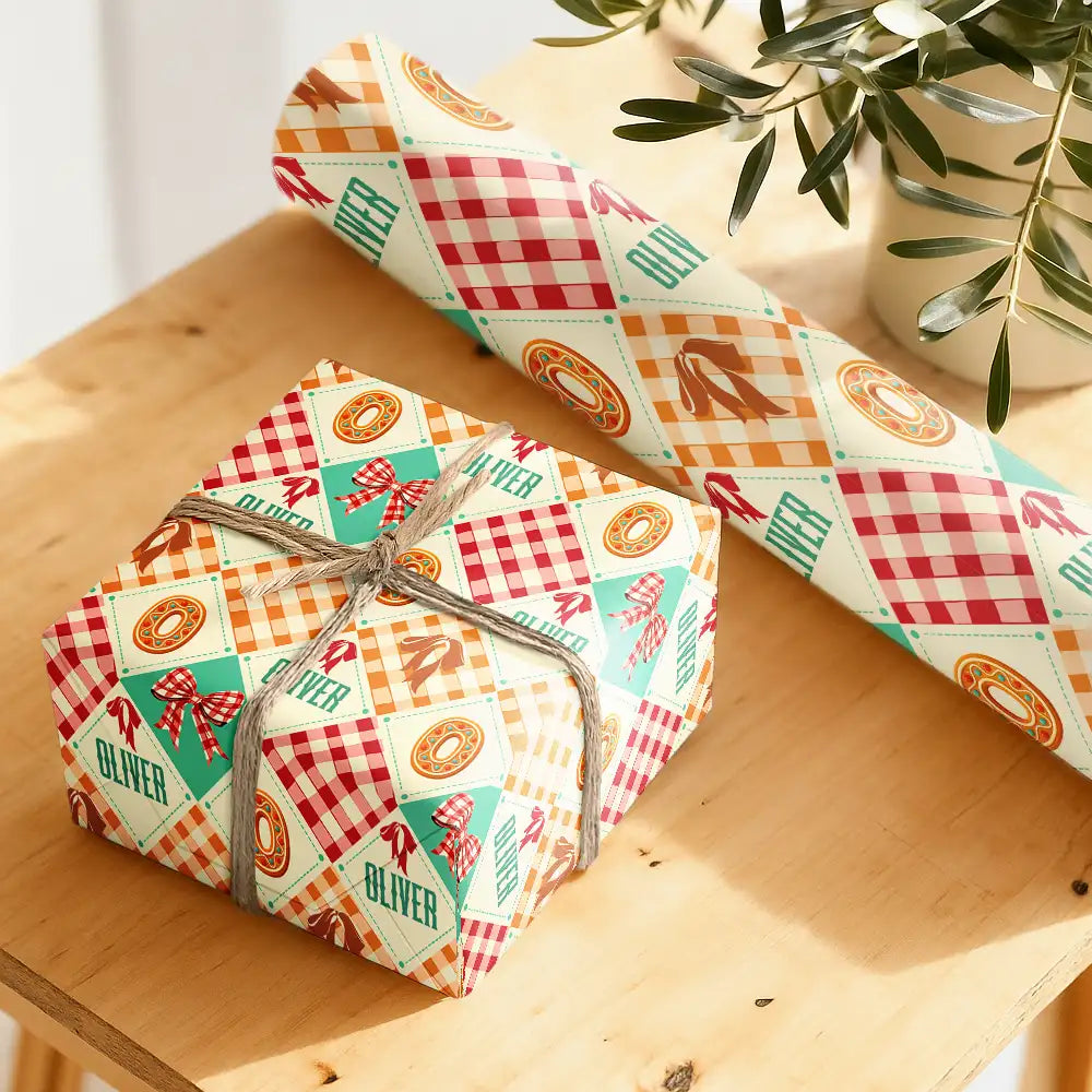Family,Gift For Bestie,Happy - Gingerbread Initial Custom Name With Bow And Plaid - Personalized Wrapping Paper