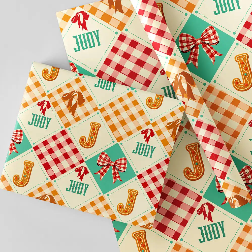 Family,Gift For Bestie,Happy - Gingerbread Initial Custom Name With Bow And Plaid - Personalized Wrapping Paper