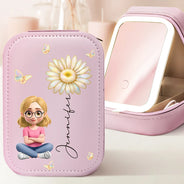 Gift For Women,Gift For Yourself,Top Market,Happy,Gift For Daughter - Girl With Birth Flower Nacre Effect - Personalized Makeup Box With LED Mirror