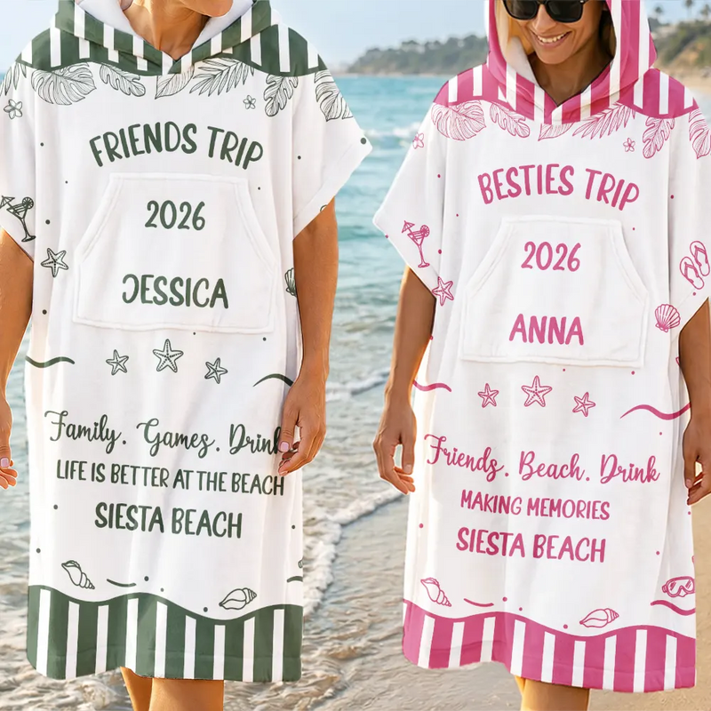 Beach, Summer, Gift For Bestie, Humorous, Custom Text - Girls Besties Friends Trip Cheaper Than Therapy - Personalized Hooded Poncho Towel